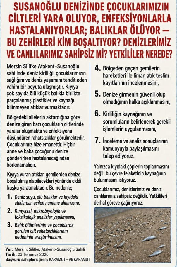 SUSANOĞLU DENİZİNDE ÇOCUKLARIMIZ HASTALANIYORLAR; BALIKLAR ÖLÜYOR  DENİZLERİMİZ VE CANLILARIMIZ SAHİPSİZ Mİ
