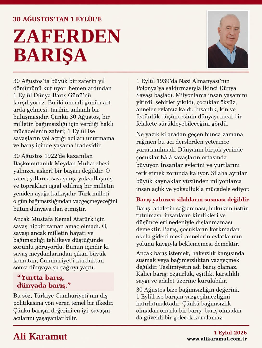 ZAFERDEN BARIŞA 30 AĞUSTOS’TAN 1 EYLÜL’E